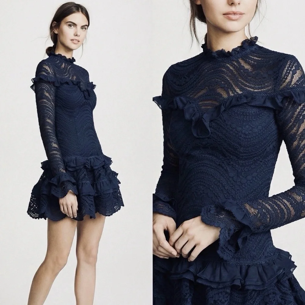 Jonathan Simkhai Red Lace Ruffle Mini Dress Long Sleeve Scallop Cocktail XS sz2 - Picture 10 of 15